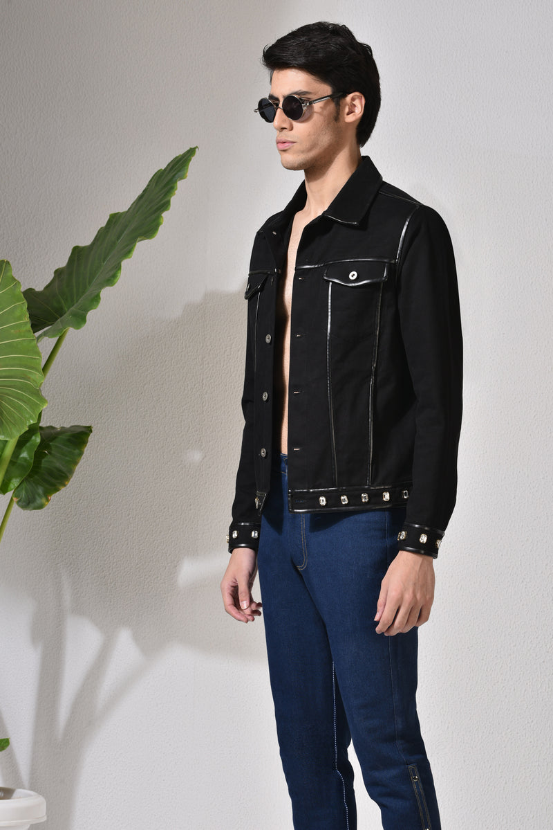 Black denim hotsell jacket white stitching